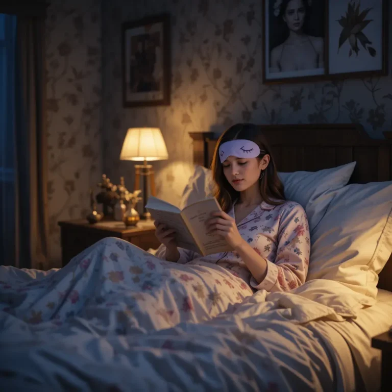 Person in pajamas reading a book in bed with a sleep mask and lavender spray on a nightstand under warm lighting